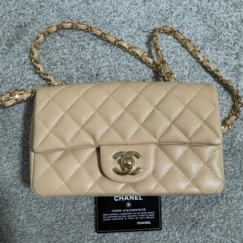 CHANEL Beige Quilted Caviar Leather Crossbody with Gold Chain